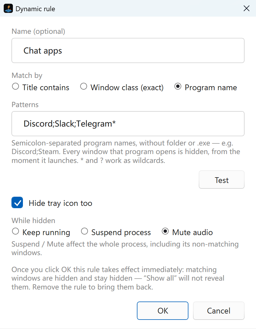 Dynamic rule dialog matching by program name with the pattern Discord;Slack;Telegram*