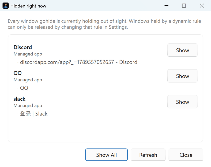 The Hidden right now window listing hidden apps with a Show button for each