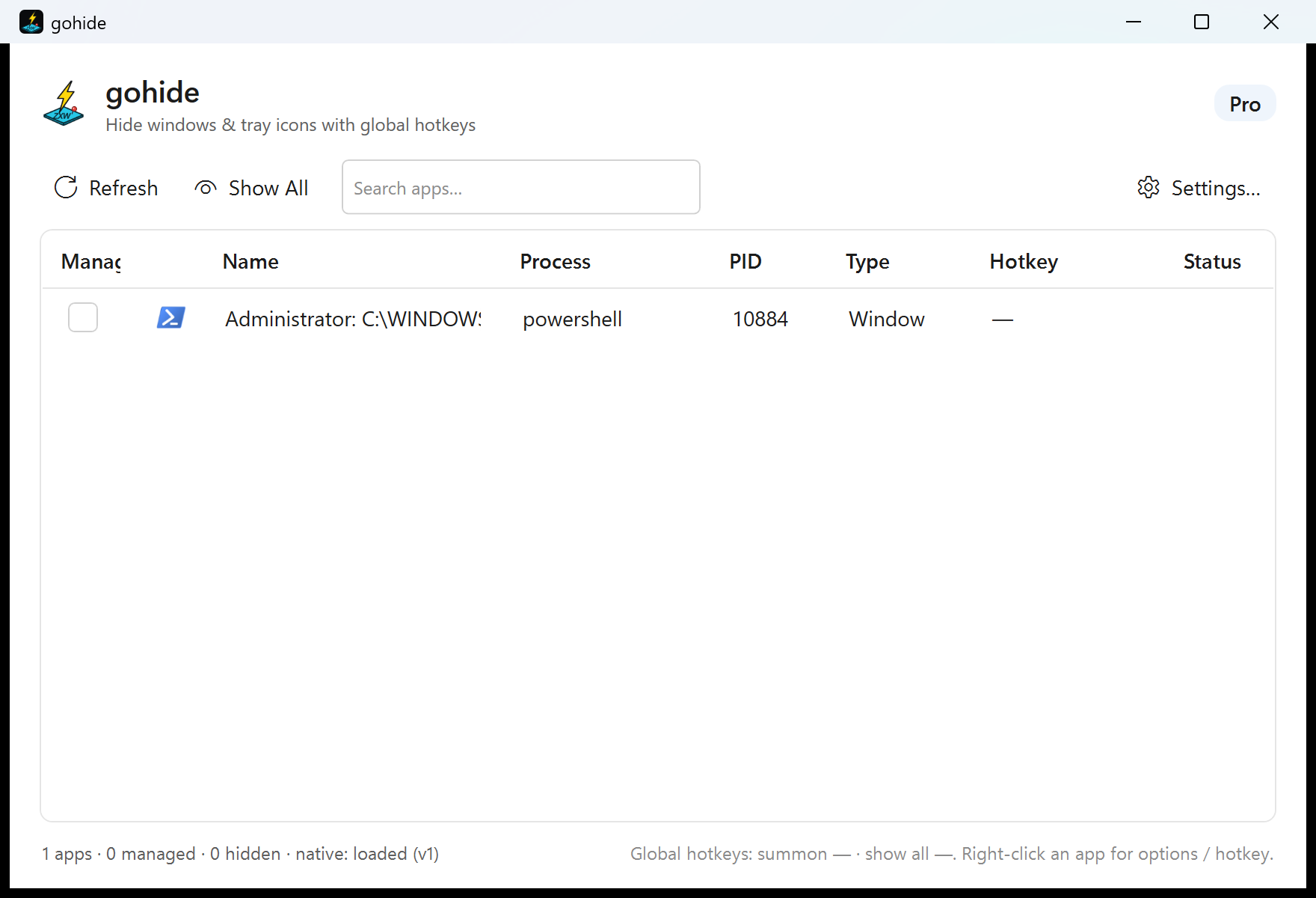 実行中のアプリを一覧表示する gohide のメインウィンドウ