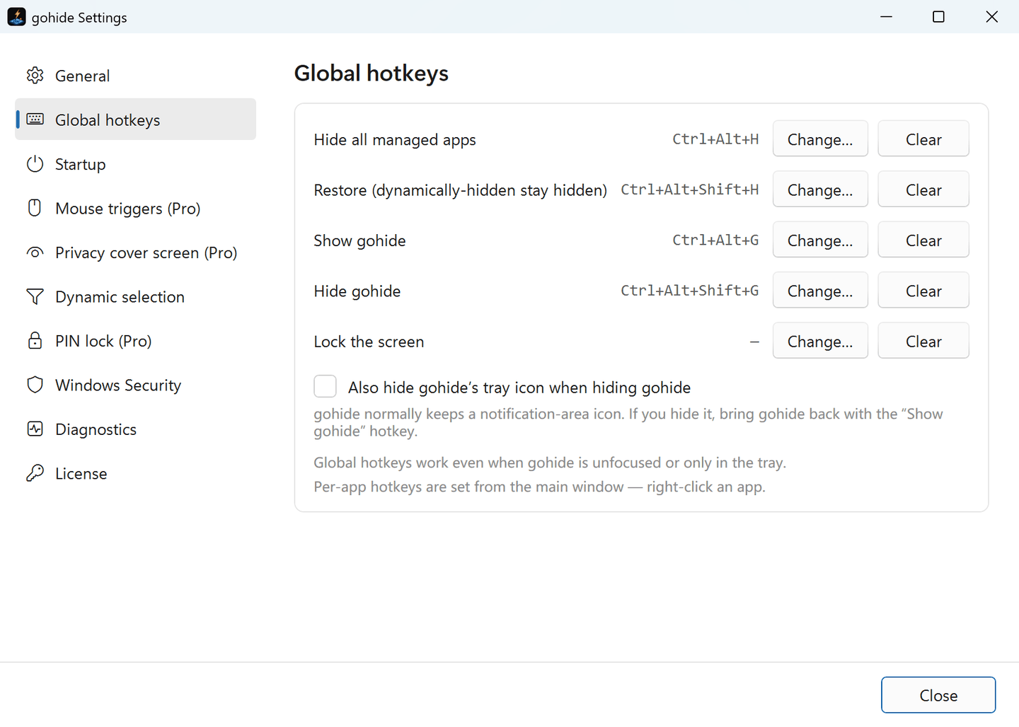 gohide Settings open on Global hotkeys: hide all, restore, show gohide, hide gohide and lock screen